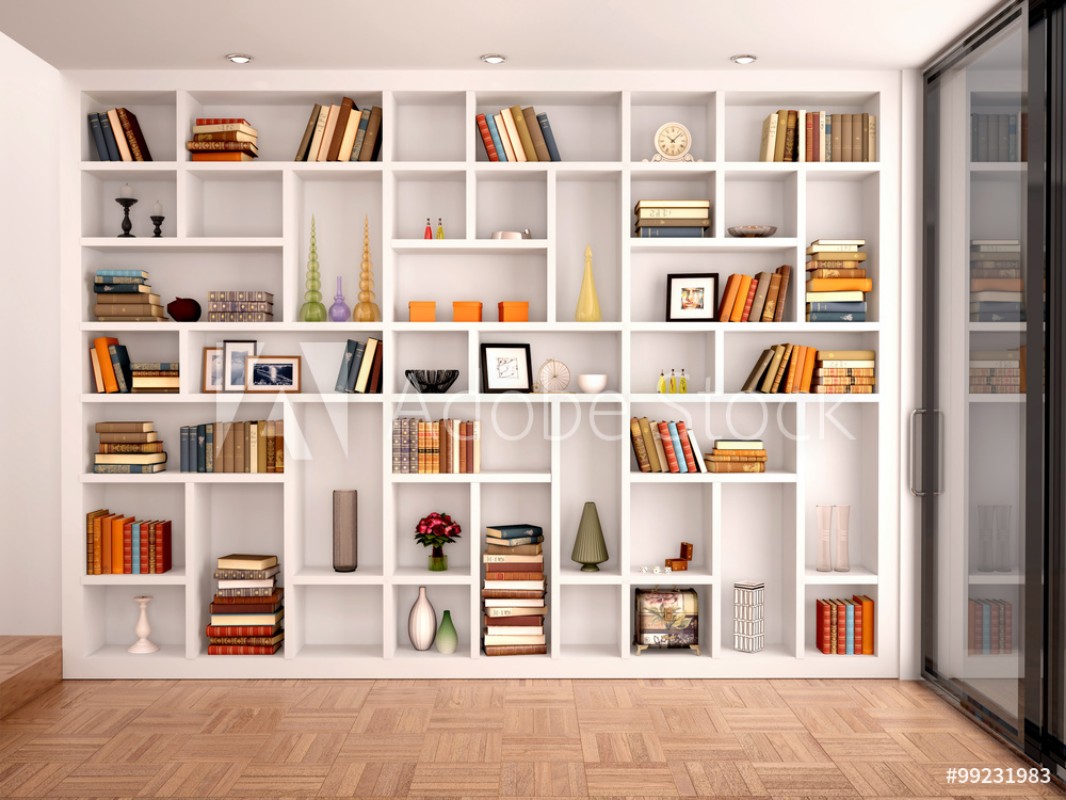 Afbeeldingen van 3d illustration of White shelves in the interior with various ob